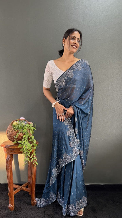 Ritika – Raspberry Red Beaded Party Wear Saree