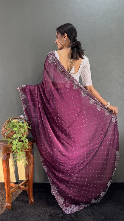 Ritika – Raspberry Red Beaded Party Wear Saree