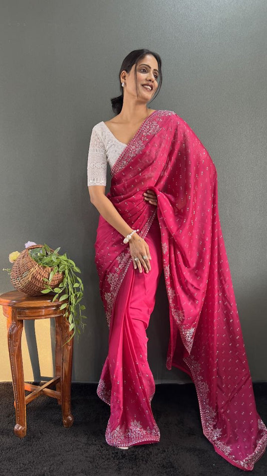 Ritika – Raspberry Red Beaded Party Wear Saree