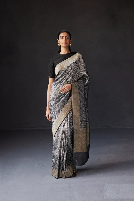Rupali – Black & Silver Banarasi Soft Silk Saree