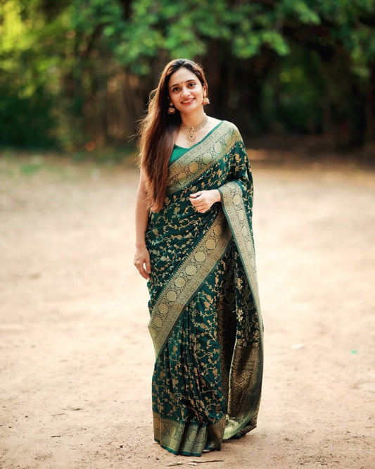 Mehira Bottle Green Banarasi Soft Silk Saree