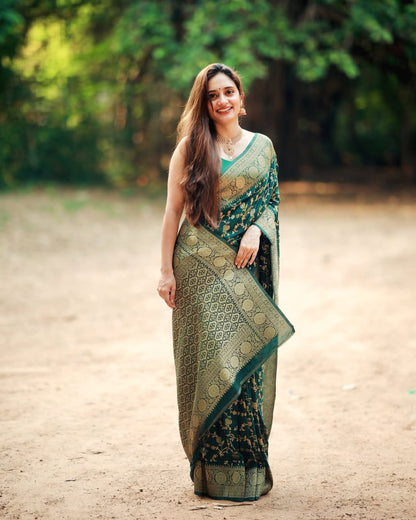 Mehira Bottle Green Banarasi Soft Silk Saree