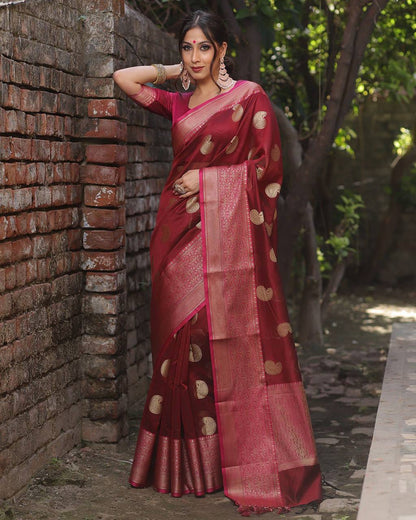 Valentine Red Banarasi Silk Saree WIth Fabulouse Blouse Piece