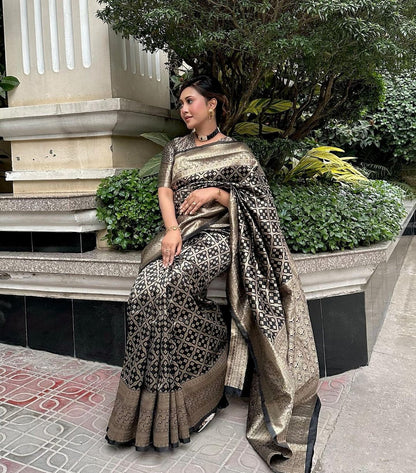 Black and Gold Elegance Banarasi Silk Saree WIth Fabulouse Blouse