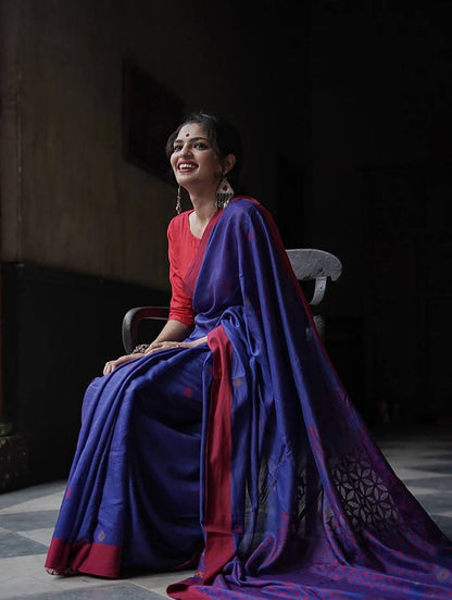 Vindhya Blue red Border Soft Linen Slub Saree With AttractiveBlouse