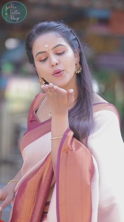 Valmika Beige Blossom Kanjivaram Silk Drape with Unique Blouse Piece