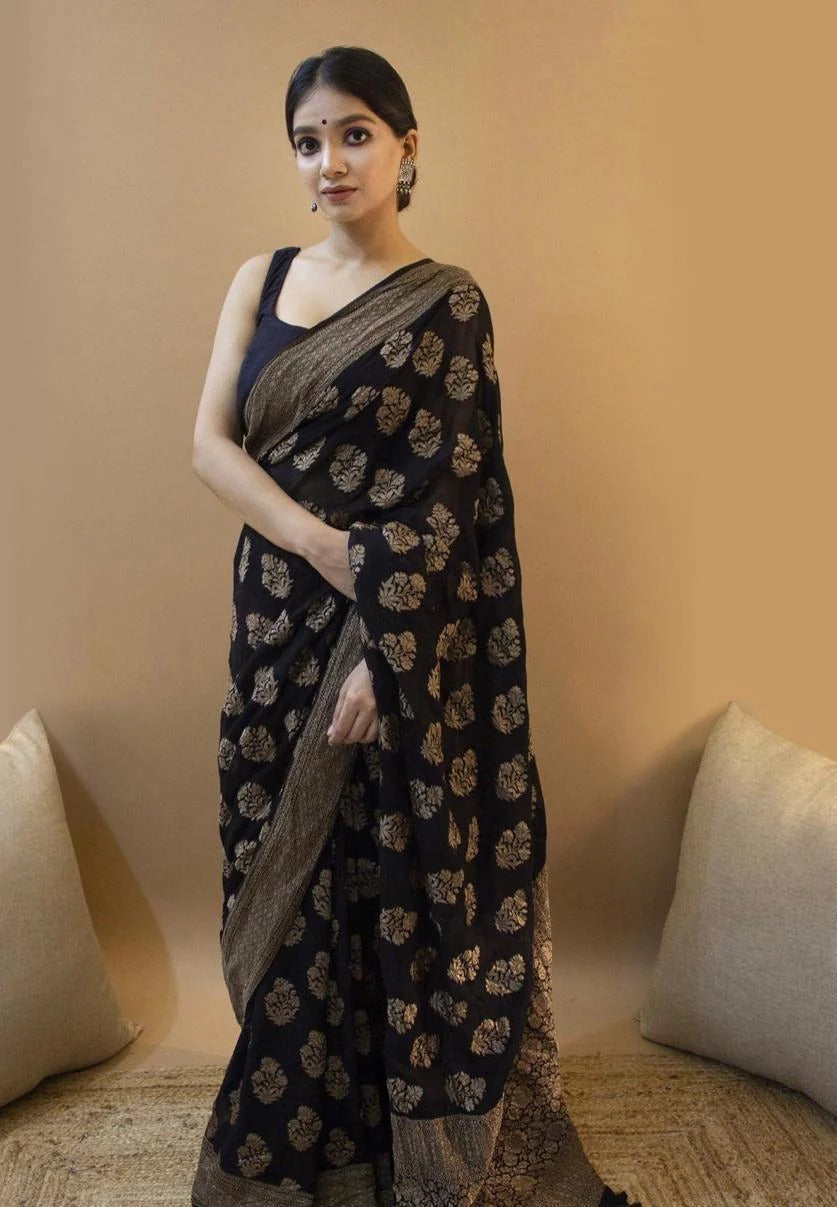 Rekha Luxurious Black Soft Silk Saree With Stylish Blouse Piece