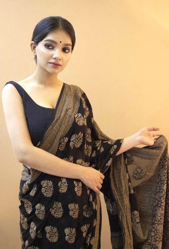 Rekha Luxurious Black Soft Silk Saree With Stylish Blouse Piece