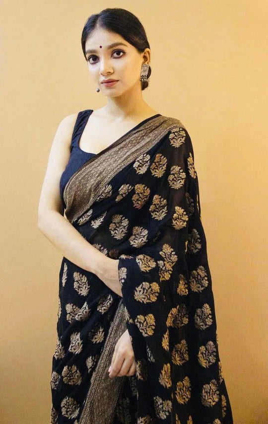 Rekha Luxurious Black Soft Silk Saree With Stylish Blouse Piece