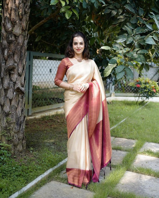 Rushi Beige-Maroon Soft Banarasi Silk Saree With Classic Blouse Piece - ABHA