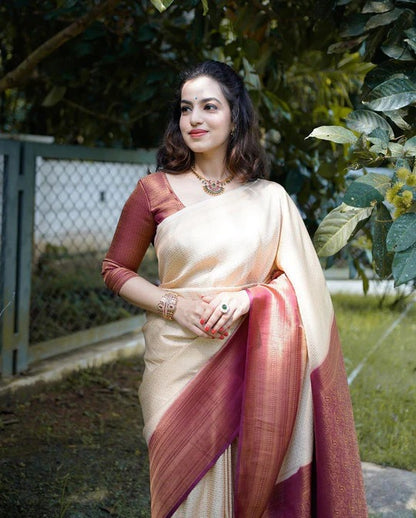Rushi Beige-Maroon Soft Banarasi Silk Saree With Classic Blouse Piece - ABHA