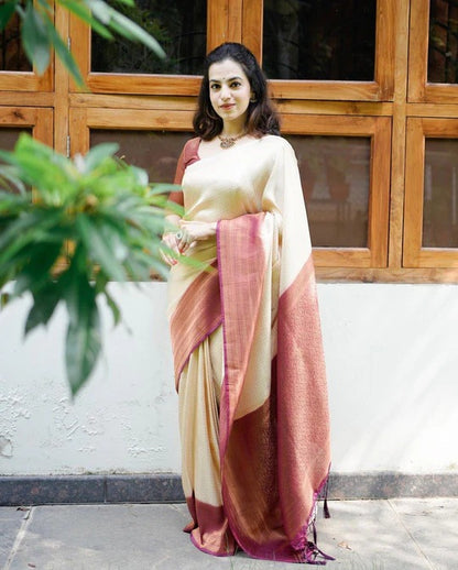 Rushi Beige-Maroon Soft Banarasi Silk Saree With Classic Blouse Piece - ABHA