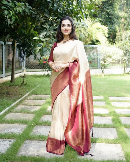Rushi Beige-Maroon Soft Banarasi Silk Saree With Classic Blouse Piece - ABHA