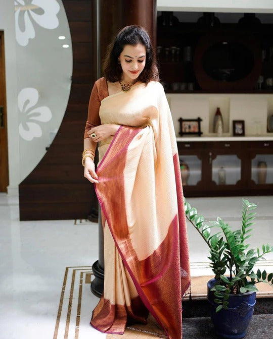 Rushi Beige-Maroon Soft Banarasi Silk Saree With Classic Blouse Piece - ABHA