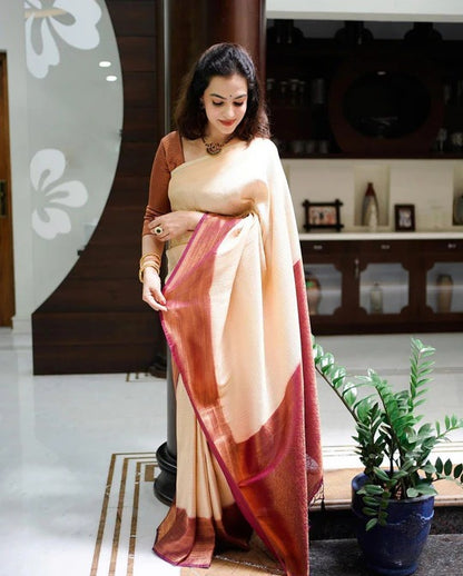Rushi Beige-Maroon Soft Banarasi Silk Saree With Classic Blouse Piece - ABHA