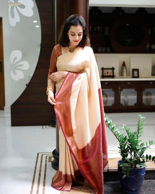 Rushi Beige-Maroon Soft Banarasi Silk Saree With Classic Blouse Piece - ABHA