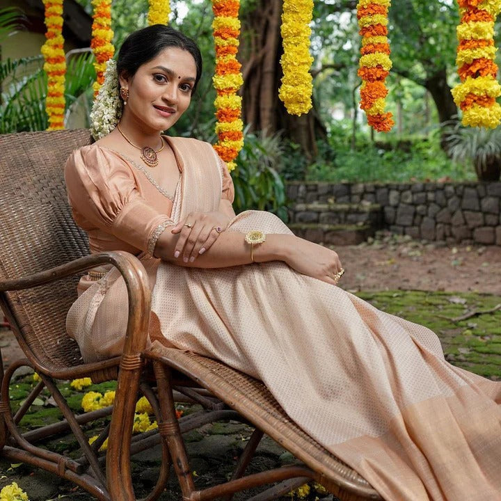 Valmika Cream Soft Kanjivaram Silk Drape with Unique Blouse Piece