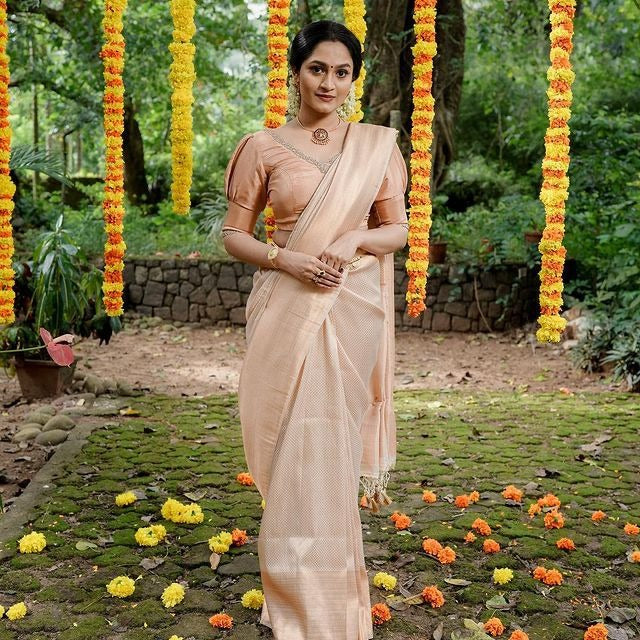 Valmika Cream Soft Kanjivaram Silk Drape with Unique Blouse Piece