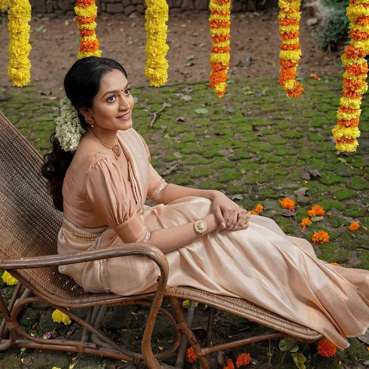 Valmika Cream Soft Kanjivaram Silk Drape with Unique Blouse Piece