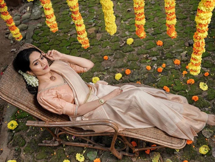 Valmika Cream Soft Kanjivaram Silk Drape with Unique Blouse Piece