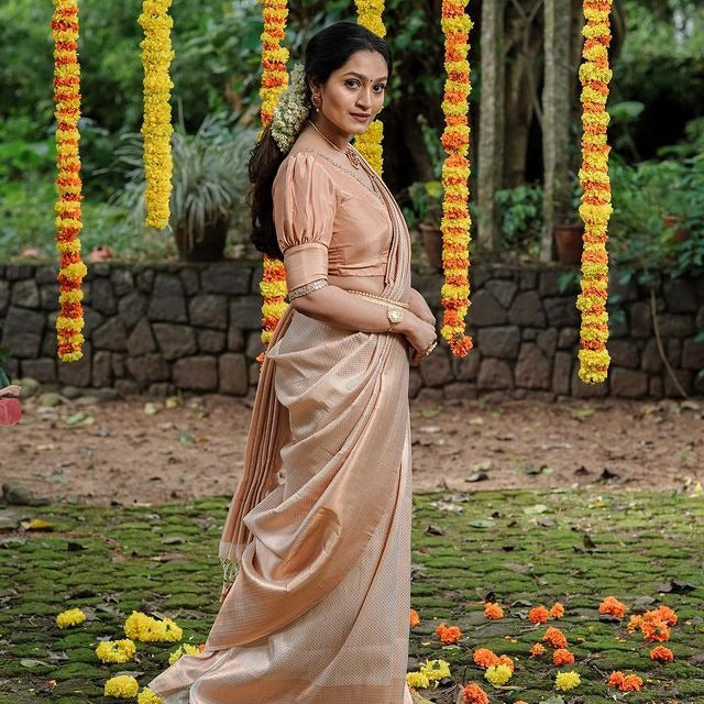 Valmika Cream Soft Kanjivaram Silk Drape with Unique Blouse Piece