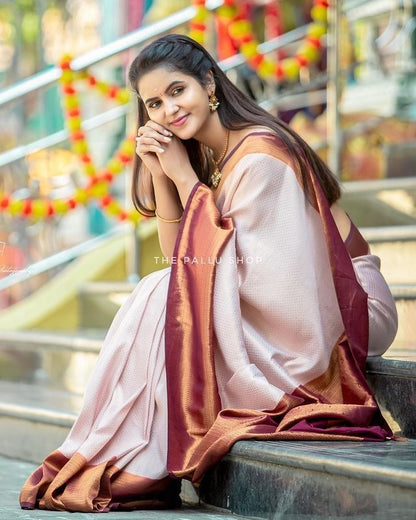 Valmika Beige Blossom Kanjivaram Silk Drape with Unique Blouse Piece