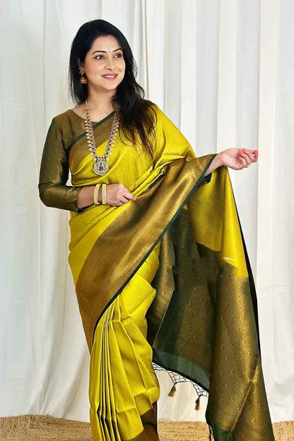 Valmika LemonGreen Soft Banarasi Silk Drape with Unique Blouse Piece