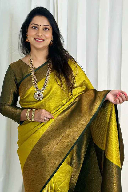 Valmika LemonGreen Soft Banarasi Silk Drape with Unique Blouse Piece