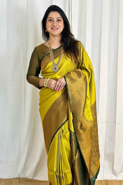 Valmika LemonGreen Soft Banarasi Silk Drape with Unique Blouse Piece