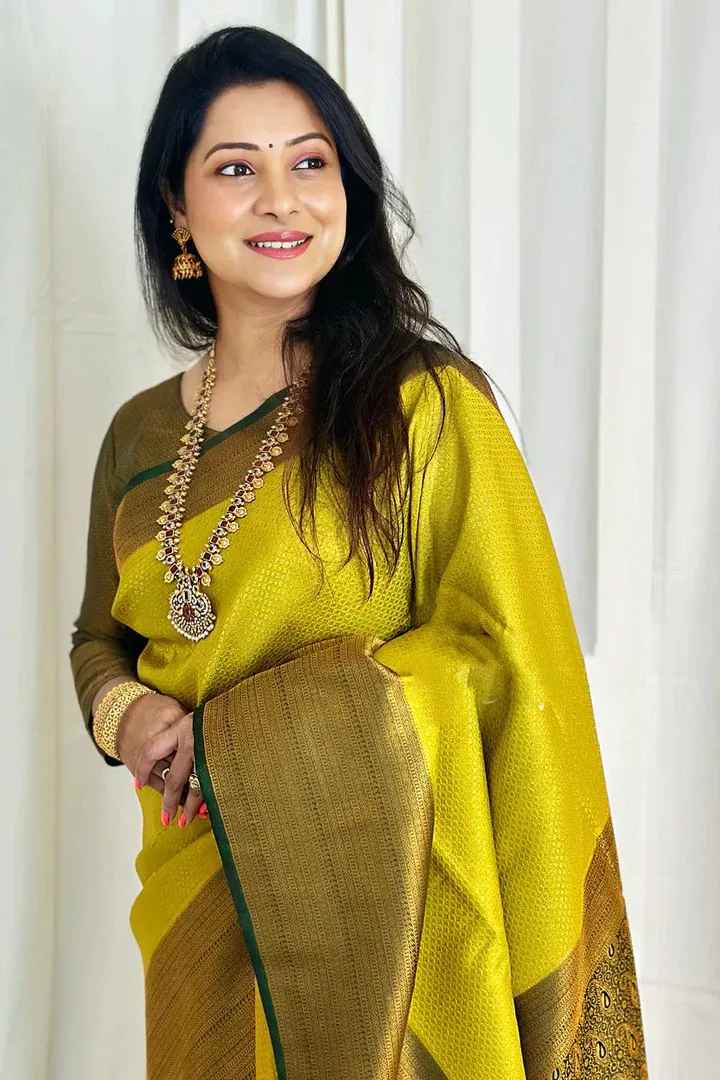 Valmika LemonGreen Soft Banarasi Silk Drape with Unique Blouse Piece