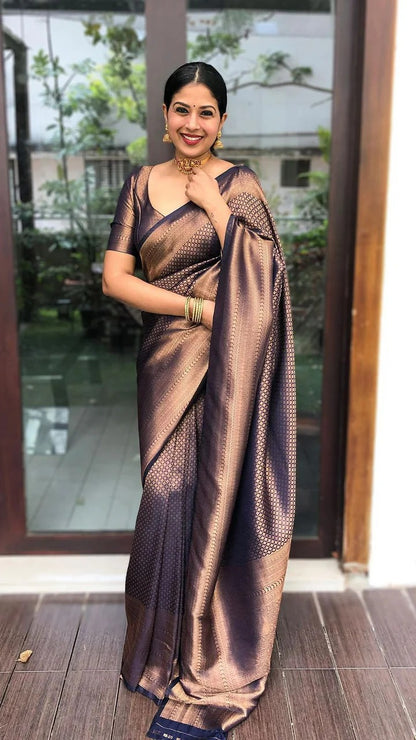 Valmika Navy Blue Soft Kanjivaram Silk Drape with Unique Blouse Piece
